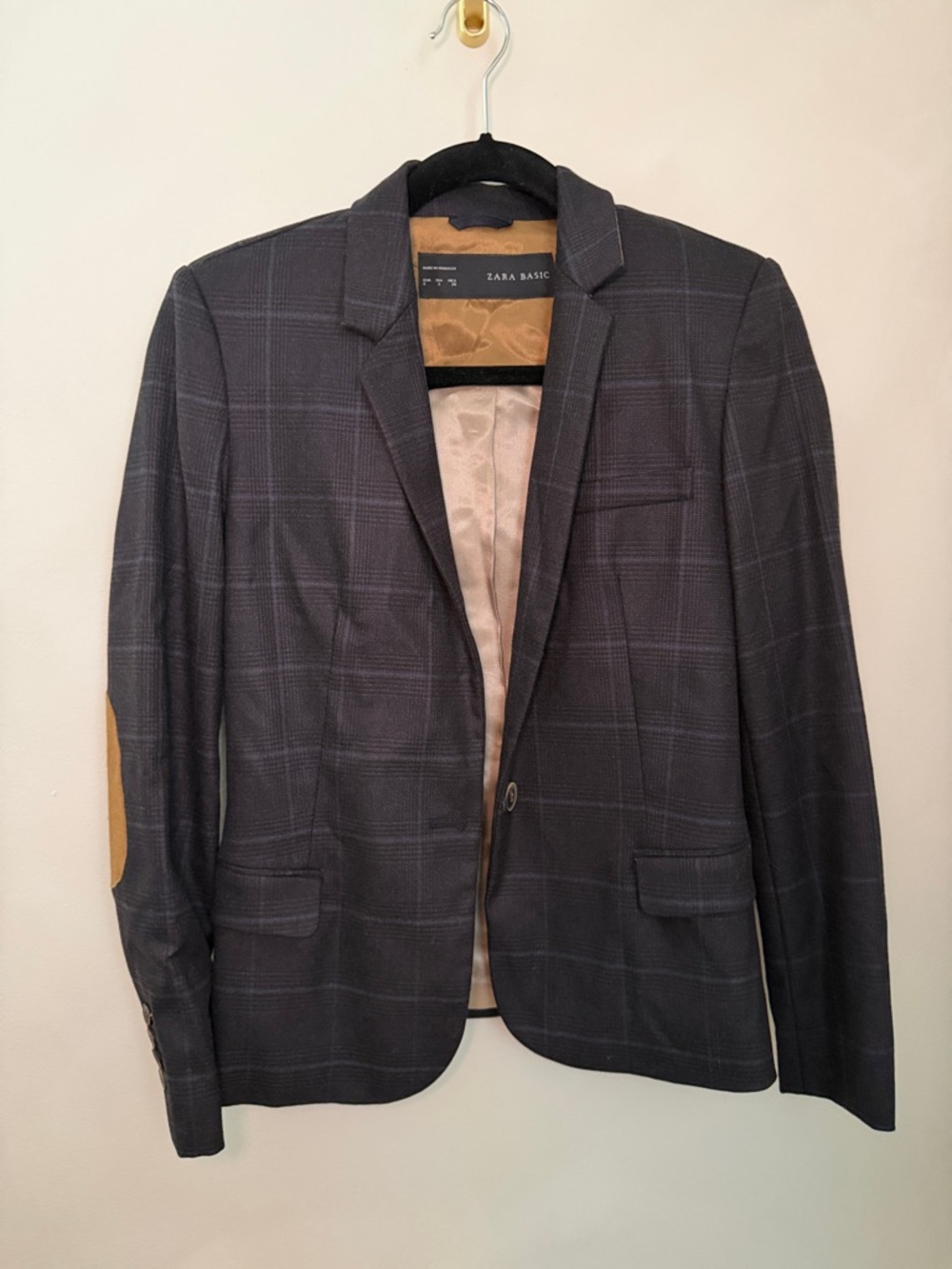 Zara Navy Windowpane Blazer with Tan Elbow Patches- Womens